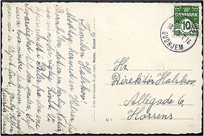 10 øre Bølgelinie på brevkort annulleret med bureaustempel Rønne - Gudhjem T.16 d. 18.6.1928 til Horsens.