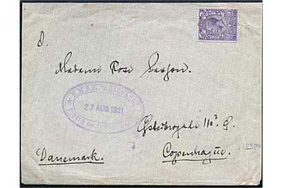 3d George V på skibsbrev uden annullering med sidestempel R.M.S.P. Araguaya Posted on the high seas d. 27.8.1921 til København, Danmark. Ank. stemplet Kjøbenhavn d. 7.9.1921.