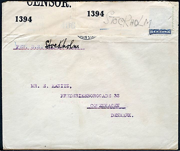 5 cents Washington på brev fra New York d. 19.6.1916 påskrevet per S.S. Hellig Olav ændret til Stockholm til København, Danmark. Åbnet af britisk censur no. 1394. Ank.stemplet Kjøbenhavn d. 14.7.1916.