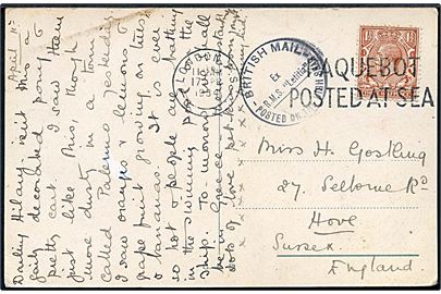 1½d George V på brevkort fra Sicilien annulleret med skibsstempel London F.S. / Paquebot posted at sea d. 17.4.1934 og sidestemplet British Mail ex R.M.S. Letitia Posted at the high seas til Hove, England. 