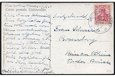 10 pfg. Germania på brevkort (Pyramider i Egypten) dateret i det Røde Hav og annulleret med skibsstempel Deutsche Seepost Ostasiatische Linie e d. 20.2.1910 til Schweiz. Stembel benyttet ombord på S/S Bülow.