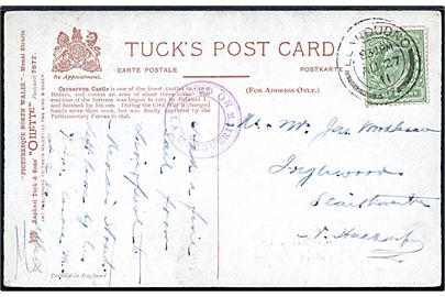 ½d Edward VII på brevkort (Carnavon Castle, Menai Straits) stemplet Landudno d. 27.8.1911. Sidestemplet med privat skibestempel: Posted on board La Maguerite en turistdamper som sejlede mellem Liverpool - Landudno og Menai Bridge. 