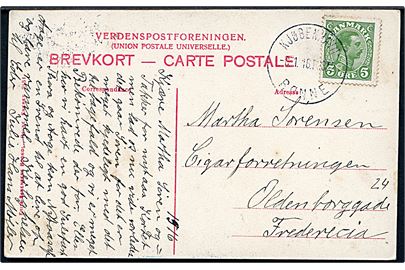 5 øre Chr. X på brevkort fra Bornholm annulleret med sejlende bureaustempel Jhøbenhavn - Rønne POST2 d. 8.1.1916 til Fredericia. 