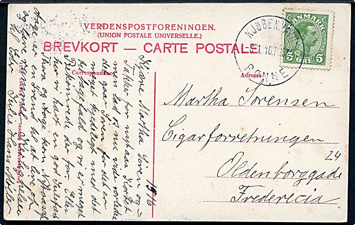 5 øre Chr. X på brevkort fra Bornholm annulleret med sejlende bureaustempel Jhøbenhavn - Rønne POST2 d. 8.1.1916 til Fredericia. 