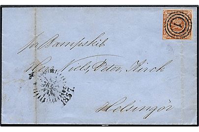 4 sk. 1854 udg. på brev påskrevet pr. Dampskib annulleret med nr.stempel 1 og sidestemplet med kompasstempel Kiøbenhavn d. 10.9.1857 til Helsingør. Folder.