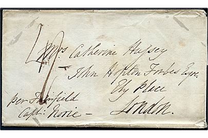 1834. Skibsbrev påskrevet per Fairfield Capt. Norie til London. På bagsiden rammestempel HASTINGS SHIPLETTER og svagt ank.stempel d. 8.?.1834. 
