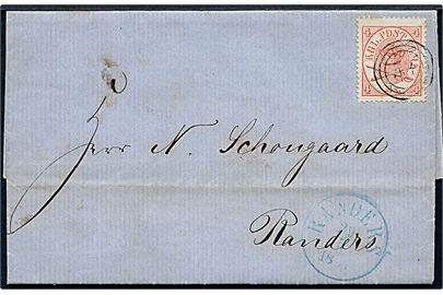 4 sk. Krone/Scepter på dampskibsbrev med indhold dateret i Kjøbenhavn d. 28.5.1866 annulleret med nr.stempel 53 og sidestemplet med blåt antiqua Randers d. 29.5.1866 til Randers. Brevet afleveret til dampskibet.