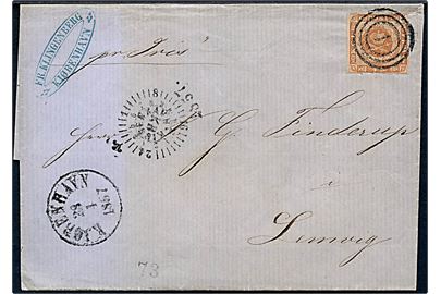 4 sk. 1854 udg. på dampskibebrev påskrevet pr. Iris annulleret med nr.stempel 1 og sidestemplet både kompasstempel og antiqua Kjøbenhavn d. 28.1.1857 til Lemvig.