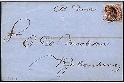 4 sk. 1858 udg. på dampskibsbrev fra Aalborg påskrevet pr. Dania og annulleret med nr.stempel 1 til Kjøbenhavn. På bagsiden ank.stemplet antiqua Kiøbenhavn KB d. 26.7. ca. 1860.