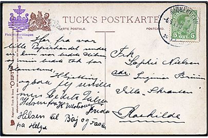 5 øre Chr. X på brevkort annulleret Kjøbenhavn d. 6.6.1916 til Roskilde. Lille violet sidestempel Fiskeriudstillingen 1912. 