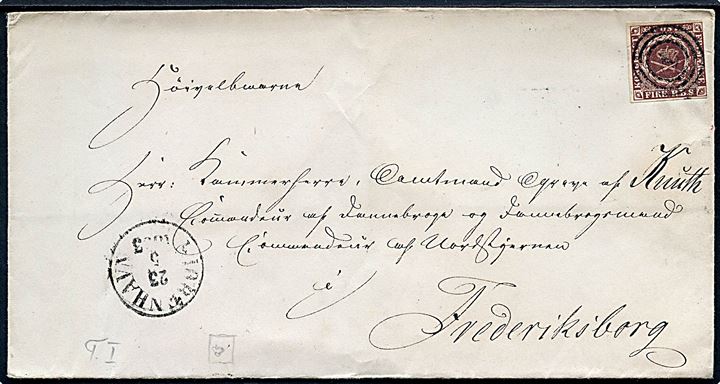 4 R.B.S. Thiele I på brev annulleret med nr.stempel 1 og sidestemplet antiqua Kiøbenhavn d. 23.5.1853 til Greve Knuth i Frederiksborg