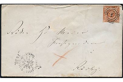 4 sk. 1854 udg. på brev annulleret med nr.stempel 1 og sidestemplet med uldent kompasstempel Kiøbenhavn 1856 til Rødby.