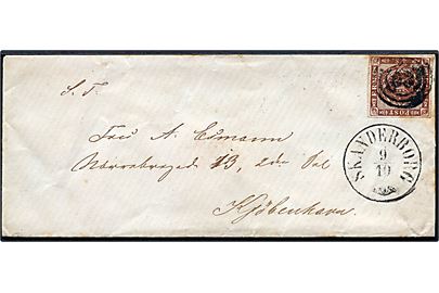4 sk. 1858 udg. på brev annulleret med nr.stempel 63 og sidestemplet antiqua Skanderborg d. 9.10.18xx til Kjøbenhavn.