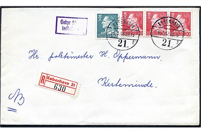 30 øre (2) og 50 øre Fr. IX på anbefalet brev fra København 21 d. 6.3.1963 til Kerteminde. Rammestempel Gebyr 50 øre indbefattet.