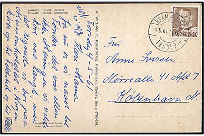 20 øre Fr. IX på brevkort fra Tønder annulleret med bureaustempel Bramminge - Tønder sn2 T.493 d. 4.5.1961 til København.