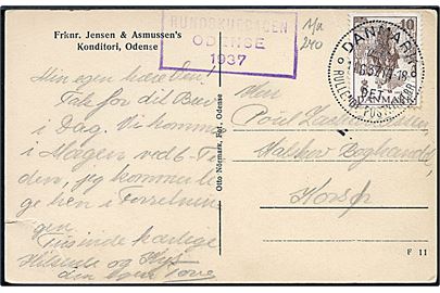 10 øre Regentjubilæum på brevkort (Interiør fra Frknr. Jensen & Asmussen's Konditori, Odense) annulleret med særstempel Danmark * Det Rullende Postkontor * d. 11.6.1937 til Korsør. Sidestemplet Rundskuedagen Odense 1937.