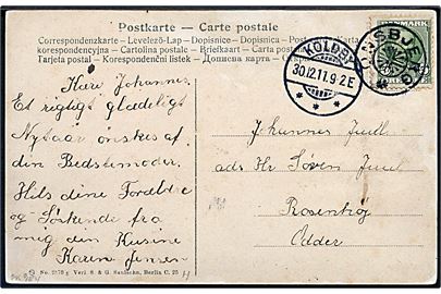 5 øre Fr. VIII på brevkort (Internationale Ballon-Wettfahrten - okt. 1908) annulleret med stjernestempel ONSBJERG og sidestemplet Koldby d. 30.12.1911 til Odder.