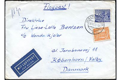 25 pfg. og 30 pfg. på luftpostbrev fra Berlin d. 3.11.1951 til København, Danmark.
