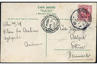 10 pfg. Germania på brevkort (The Jail, Aden) annulleret med skibsstempel Deutsche Seepost Ostasiatische Hauptlinie f d. 31.1.1908 og sidestemplet Colombo, Ceylon til Skive, Danmark.