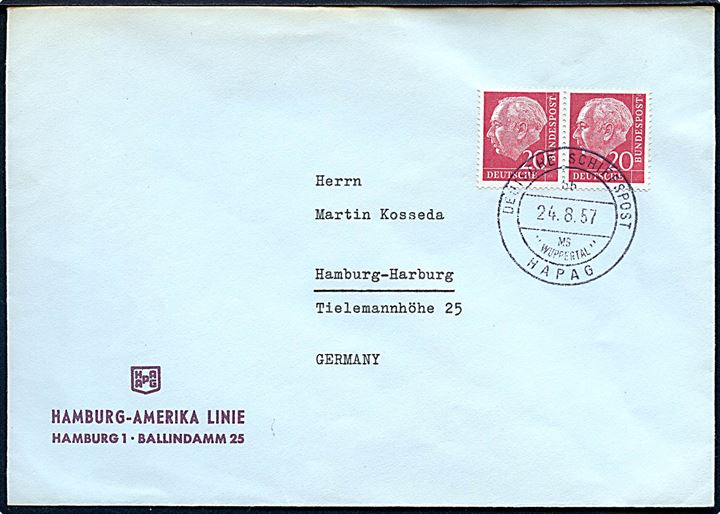 20 pfg. i parstykke på firmakuvert fra Hamburg - Amerika Linie annulleret med skibsstempel Deutsche Schiffspost bb MS Wuppertal HAPAG d. 24.8.1957 til Hamburg, Tyskland.