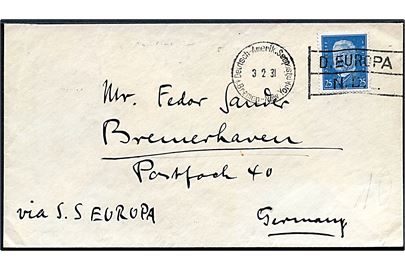25 pfg. Hindenburg på brev annulleret med skibsstempel Deutsch-Amerik. Seepost * Bremen - New York * / D. Europa NDL d. 3.2.1931 til Bremerhaven.