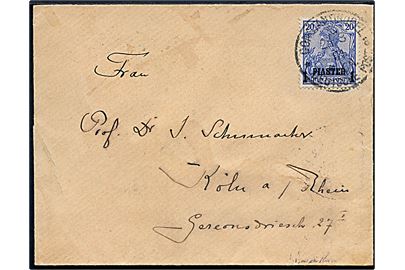 1 piaster/20 pfg. Provisorium på brev stemplet Constantinopel Deustche Post d. 24.3.1901 til Köln, Tyskland.