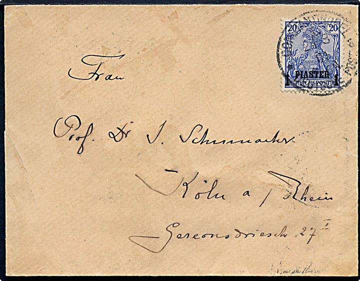 1 piaster/20 pfg. Provisorium på brev stemplet Constantinopel Deustche Post d. 24.3.1901 til Köln, Tyskland.