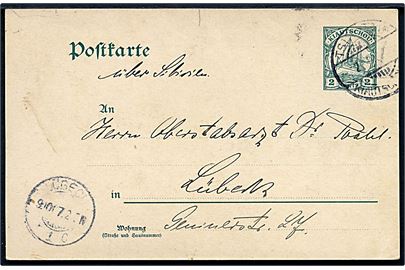 2 cents helsagsbrevkort stemplet Tsingtau Kiautschou d. 2.9.1907 til Lübeck, Tyskland. Påskrevet über Sibirien.