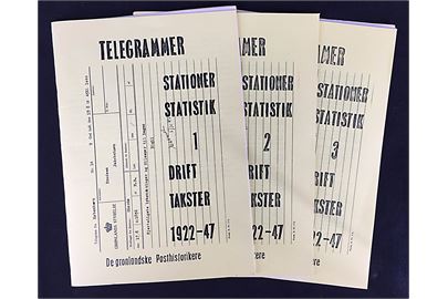 Telegrammer, Stationer, Statistik, Drift, Takster 1922-1947, 3 kilde hæfter på 84 sider. De grønlandske Posthistorikere.