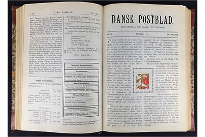 Dansk Postblad 1914-15, medlemsblad for Dansk Postforening 16. og 17. årgang. Indbundet 376+438 sider med indklæbede Julemærker 1914 og 1915.