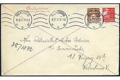 10 øre Bølgelinie og 15 øre Karavel på søndagsbrev fra Silkeborg d. 10.12.1932 til København.