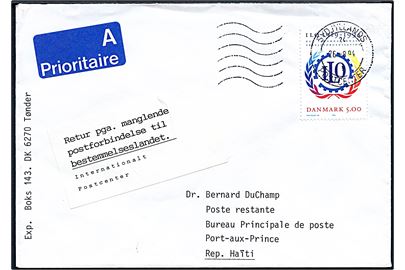 5 kr. ILO single på luftpostbrev fra Tønder stemplet Sydjyllands Postcenter d. 26.9.1994 til Port-aux-Prince, Haiti. Retur med meddelelse fra Internationalt Postcenter: Retur pga. manglende postforbindelse til bestemmelseslandet.