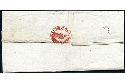 Rødt seglstempel General Post Direction på bagsiden af tjenestebrev mærket K.T. til Postmester Aagaard i Grenaa. Stempel benyttet i perioden 1814-1818. 