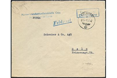 Ufrankeret tjenestebrev fra Marineindendanturdienststelle Oslo med rammestempel Portofreie Dienstsache og tysk feltpoststempel Feldpost d. 11.7.1942 til Oslo.