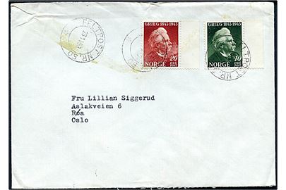 10 øre og 20 øre Grieg på brev annulleret Feltpost Nr. 50 d. 26.11.1953 til Røa. Limrest på forsiden. Formodes sendt fra Feltpoståpneriet i Bardufoss i Nordnorge.