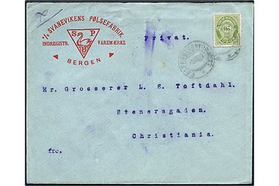 20 øre Posthorn på firmakuvert fra Bergen annulleret med uldent stempel Feltpostkontor No. 23 d. 2.8.1922 til Christiania. Stempel benyttet af Bergens Befæstninger.