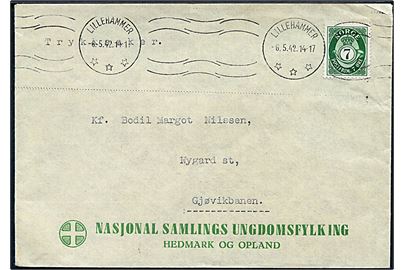 7 øre Posthorn på fortrykt kuvert fra Nasjonal Samlings Ungdomsflyking sendt som tryksag fra Lillehammer d. 6.5.1942 til Nygard St. på Gjøvikbanen.
