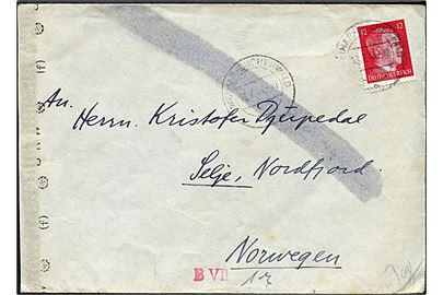 12 pfg. Hitler på brev stemplet Weimar+Buchenwald d. 11.7.1944 til Selje, Nordfjord, Norge. Åbnet af tysk censur i Hamburg, men uden censurbanderole. Sendt fra norsk student, Reidar Djupedal, indsat i KZ-lejren Buchenwald med særlig dækadresse: Schliessfach 209, Weimar benyttet til post til/fra de norske internerede studenter. Reidar Djupedal (1921-1989) blev arresteret som student på Oslo Universitet i efteråret 1943 og sendt til KZ-lejren Buchenwald indtil foråret 1945. Blev senere professor i nordisk sprog og litteratur ved Oslo Universitet. 