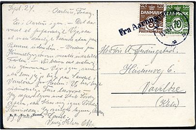 5 øre og 10 øre Bølgelinie på brevkort fra Aarhus annulleret Kjøbenhavn d. 13.9.1924 og sidestemplet Fra Aarhus til Vanløse.