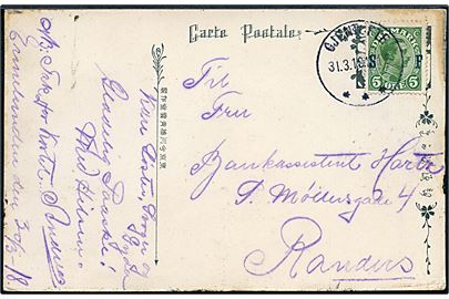 5 øre Chr. X S F Soldaterfrimærke på brevkort fra soldat i Ermelundlejren stemplet Gjentofte d. 31.3.1918 til Randers.