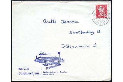 30 øre Fr. IX på fortrykt kuvert fra KFUMs Soldaterhjem i Padborglejren annulleret med pr.-stempel Padborglejren pr. Fårhus d. 15.8.1962 til København.