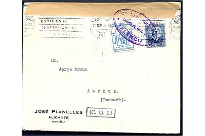 50 cts. og 5 cts. Alicante velgørenheds udg. på brev fra Alicante d. 21.11.1936 til Aarhus, Danmark. Åbnet af spansk censur i Valencia.