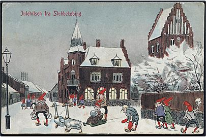 Stubbekjøbing, Nisser i gadebilledet. Muligvis tegnet af Valdemar Vaaben. G. Bruuns Boghandel. 