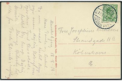 5 øre Chr. X på brevkort dateret i Munkebjerg annulleret med reserve bureaustempel (R1) Jydske Jernb.PKT. T.954 d. 18.8.1918 til København. Stempel benyttet som reserve på strækningen Fredericia-Aalborg.