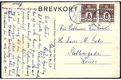 5 øre Bølgelinie i parstykke på brevkort (Ørslev kirke) dateret på Glænø d. 30.4.1927 og annulleret med stjernestempel ØRSLEV til Korsør.