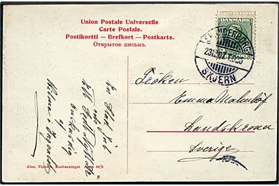 5 øre Fr. VIII på brevkort annulleret med bureaustempel Skanderborg - Skjern T.936 d. 23.12.1907 til Landskrona, Sverige.