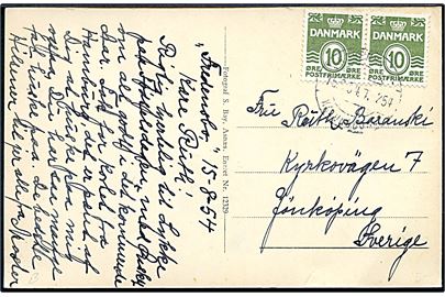10 øre Bølgelinie i parstykke på brevkort dateret Fredensbo annulleret med bureaustempel København - Kalundborg T.254 d. 15.8.1954 til Jönköping, Sverige.