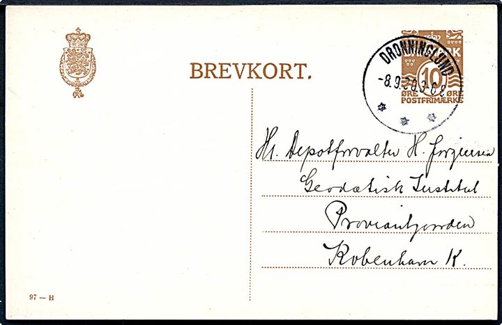10 øre helsagsbrevkort (fabr. 97-H) annulleret med brotype IIIb Dronninglund d. 8.9.1930 til København.