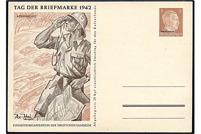 3 pfg. Hitler Ostland provisorisk illustreret helsagsbrevkort Tag der Briefmarke 1942 med tysk ørkensoldat. Ubrugt.