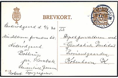 10 øre helsagsbrevkort (fabr. 97-H) dateret Sanderødgaard og annulleret med bureaustempel Helsingør - Gilleleje T.2 d. 11.9.1930 til København.